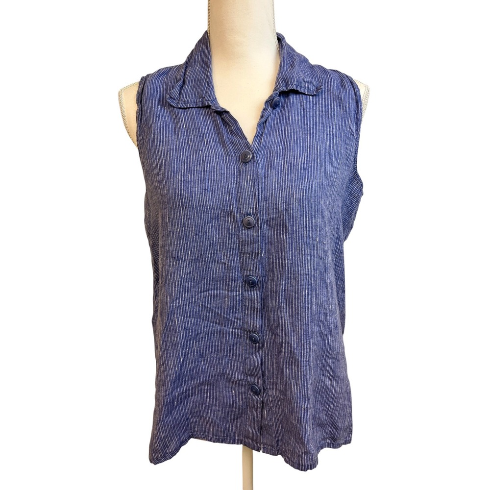 FLAX Linen Sleeveless Button Down Shirt Top Blue Striped Linen Coastal Lagenlook